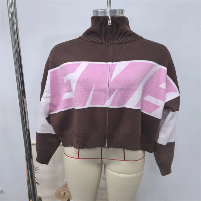 Letter Women 's Sweater Stand Collar Y2k Knit Sweaters For Woman Zipper Full Sleeve Tops Female 2025 Winter Men Jacket Knitwear