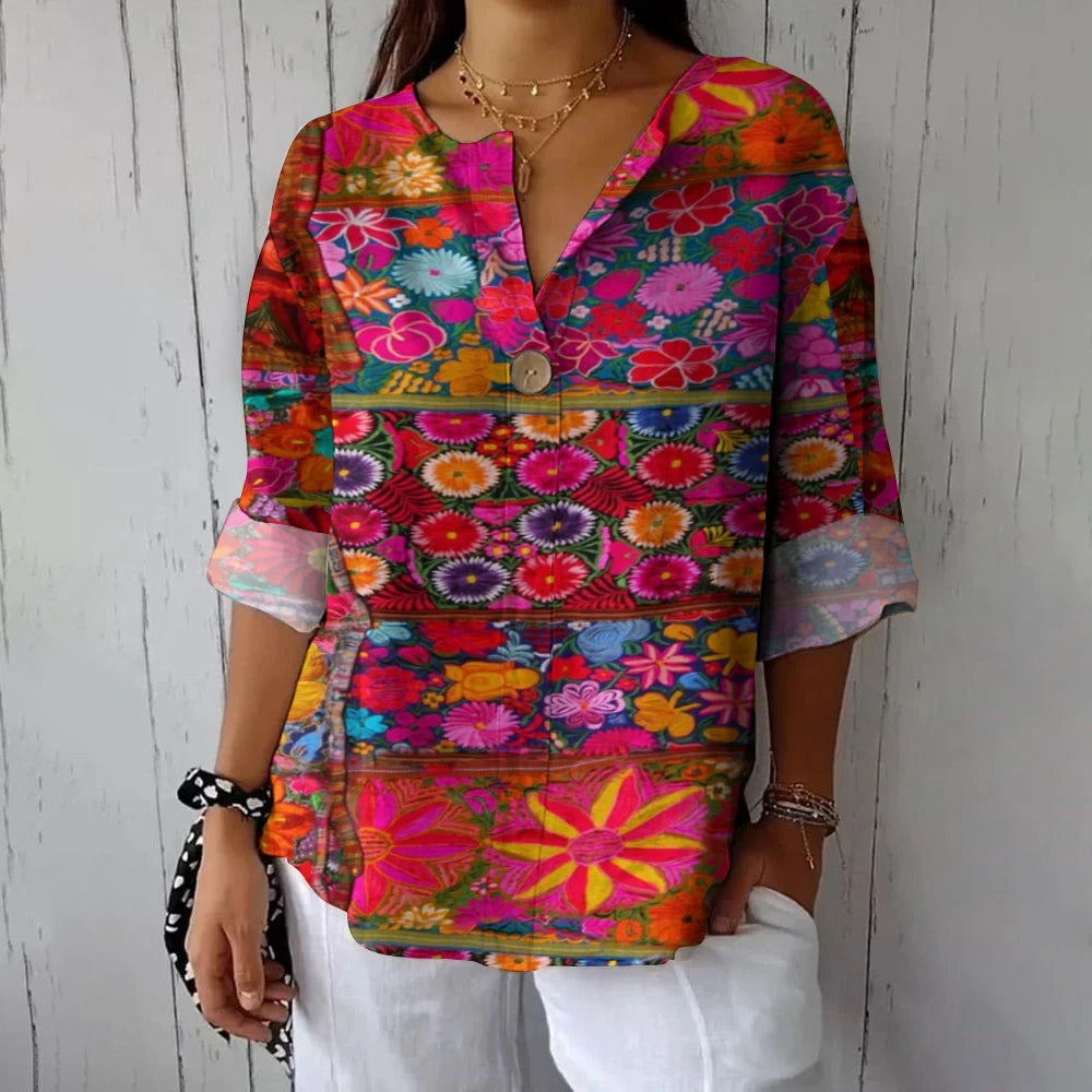 Women's Casual V-Neck Shirt Ethnic Style Color Fashion Beach Dress New High Quality Soft Jumper Summer Chic Top