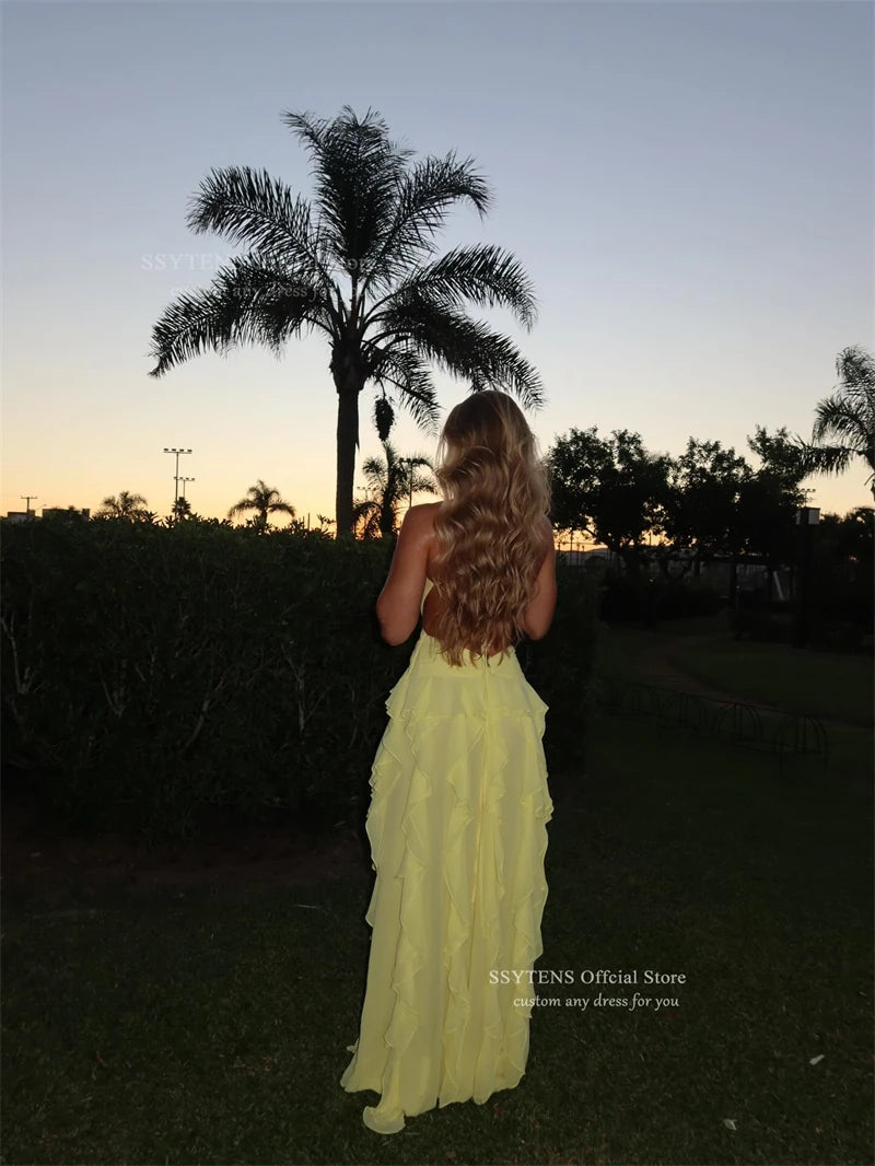 Yellow Ruffle Tiered Deep V Neck Chiffon Evening Dress for Women