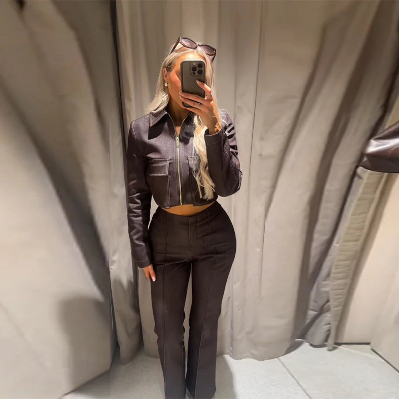 Vintage Turn Down Collar Denim Coat And Pants Set for Women