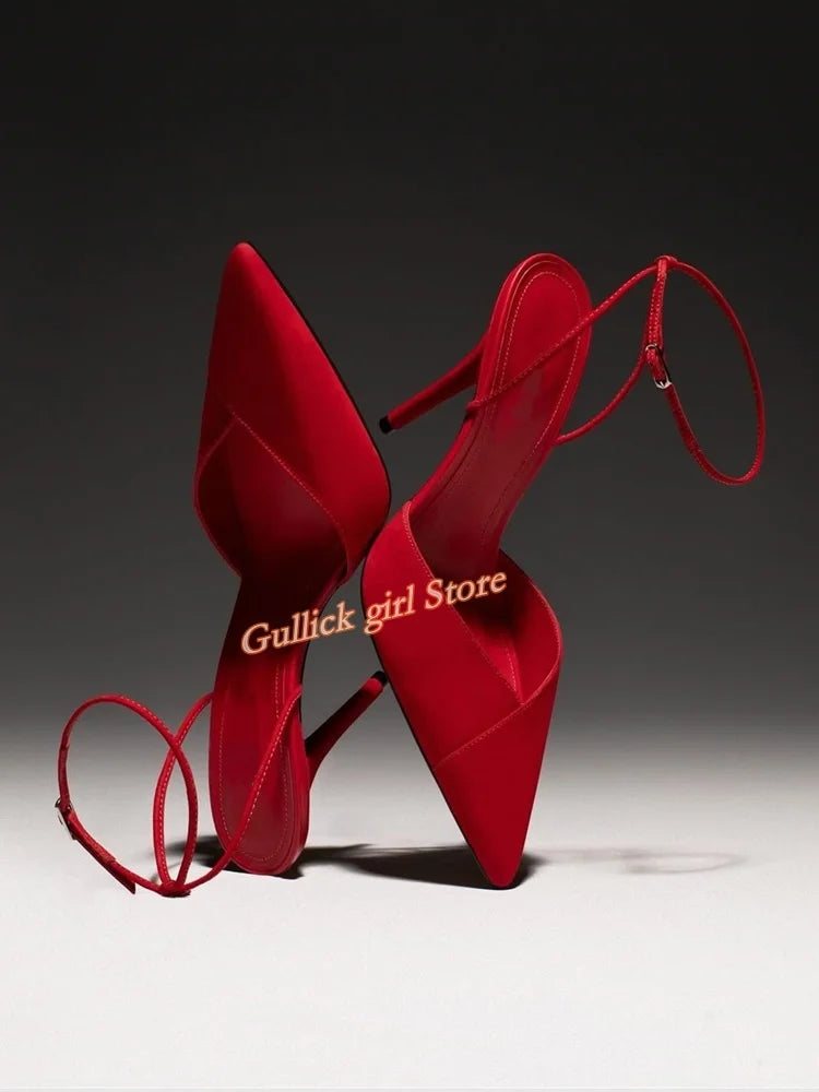 Red Suede Pointed Toe Stiletto Pumps With Ankle Strap for Women