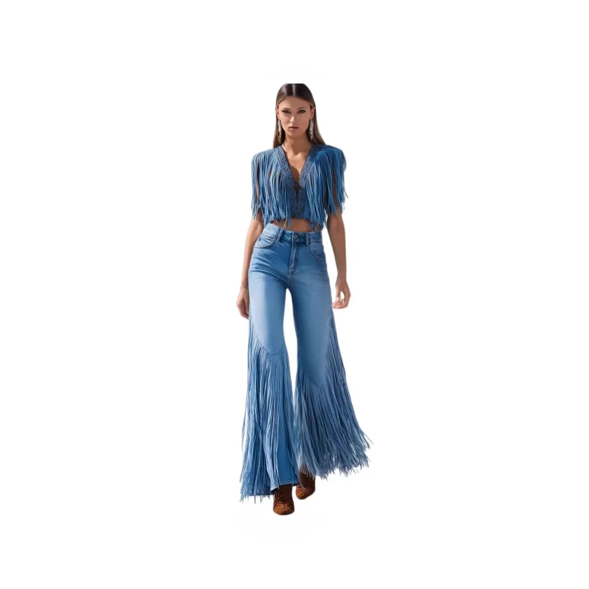 Dark Blue Loose Asymmetrical Tassel Denim Jeans For Women