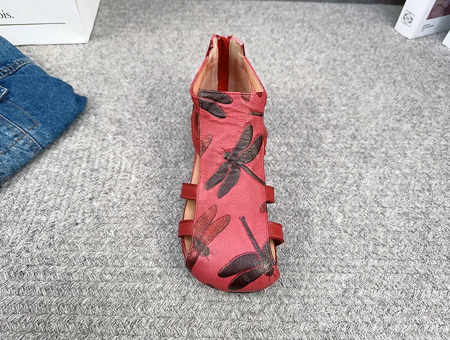 Flat Printed Genuine Leather Roman Sandals for Women