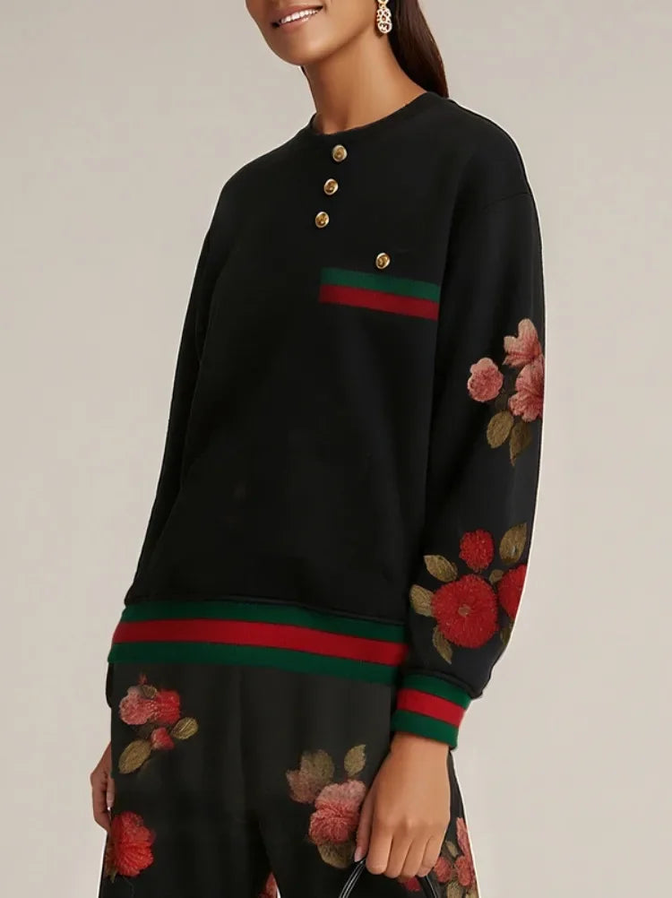 Women Elegant Vintage Floral Printed Gold Button Sweatshirt 2026 New Round-Neck Long Sleeve Loose Casual Office Pullover Tops