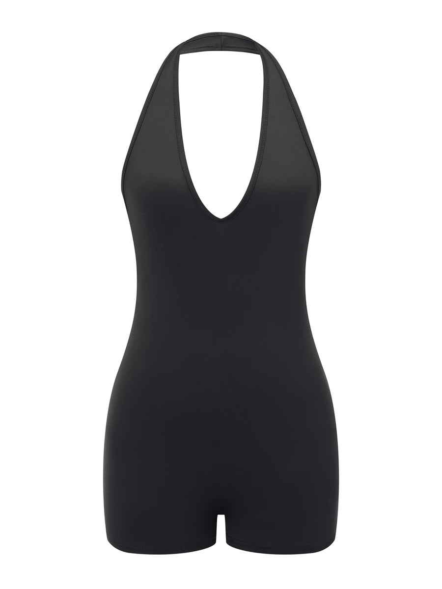Solid Color Halter Neck Backless Bodysuit for Women