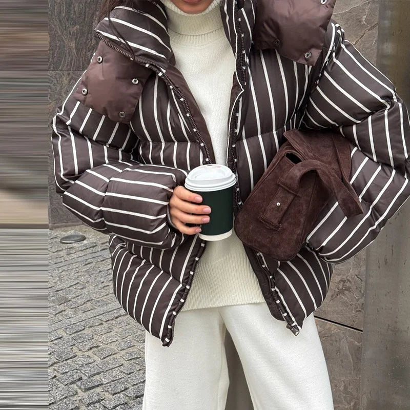 Striped Cotton Quilted Coat Single Breasted for Women