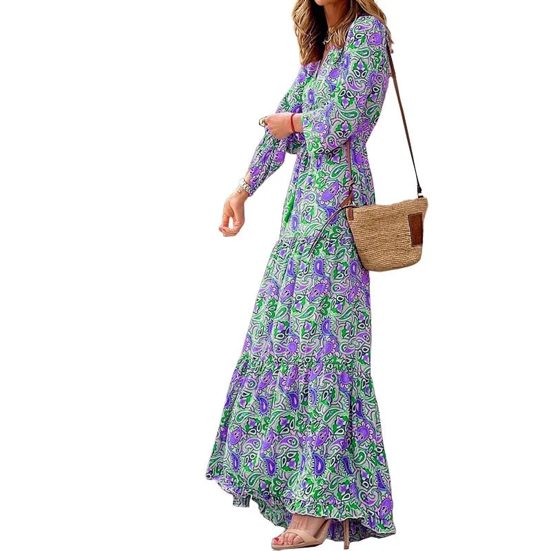 2026 New In-Stock Women's Fashion V-Neck Long-Sleeve Mid-Length Bohemian