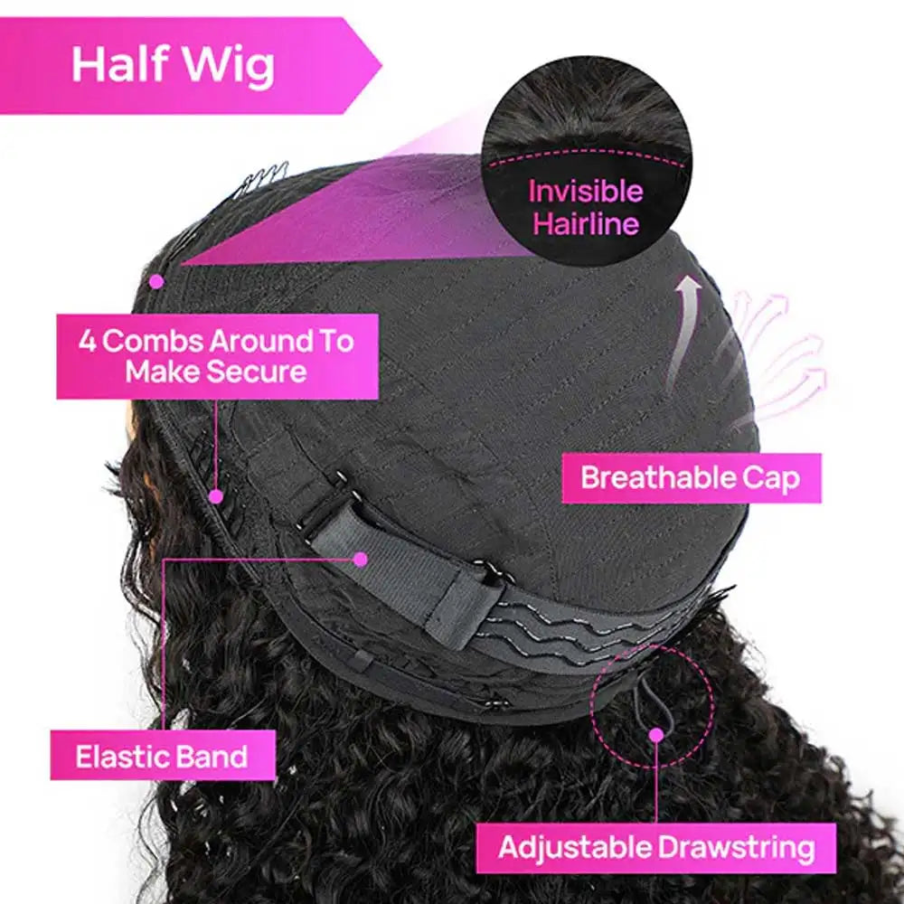 Glueless Kinky Straight Human Hair Half Wig For Women