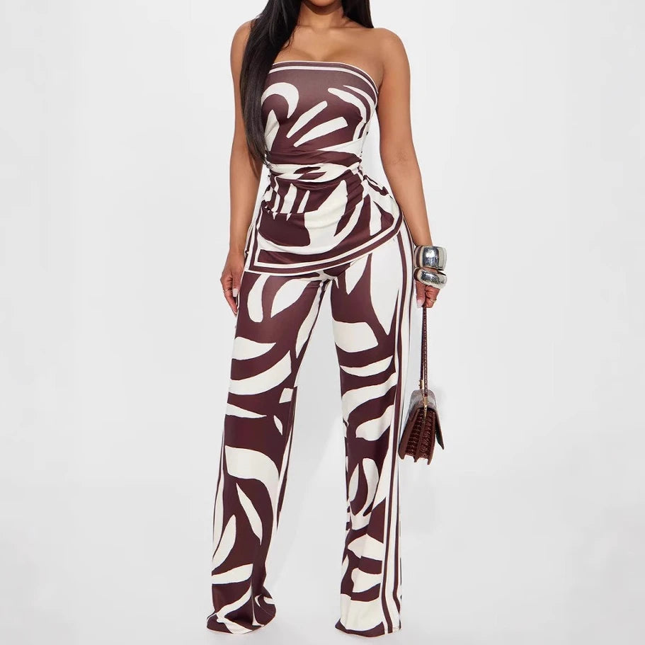 FAGADOER Fashion Stripe Print 2 Pieces Set for Woman Sleeveless Backless Top + Wide Leg Pant Outfits Matching Female Streetwear