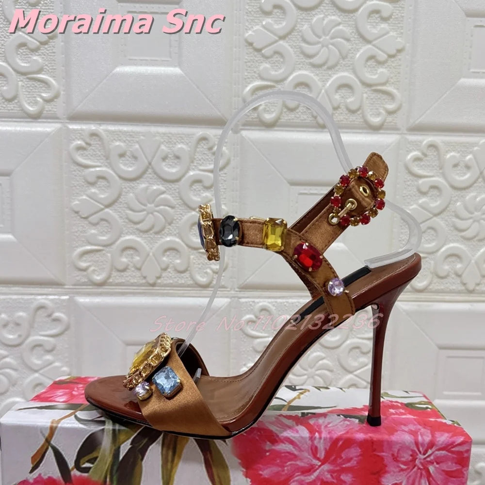 Elegant Satin Crystal Buckle Strap Square Heel Sandals for Women