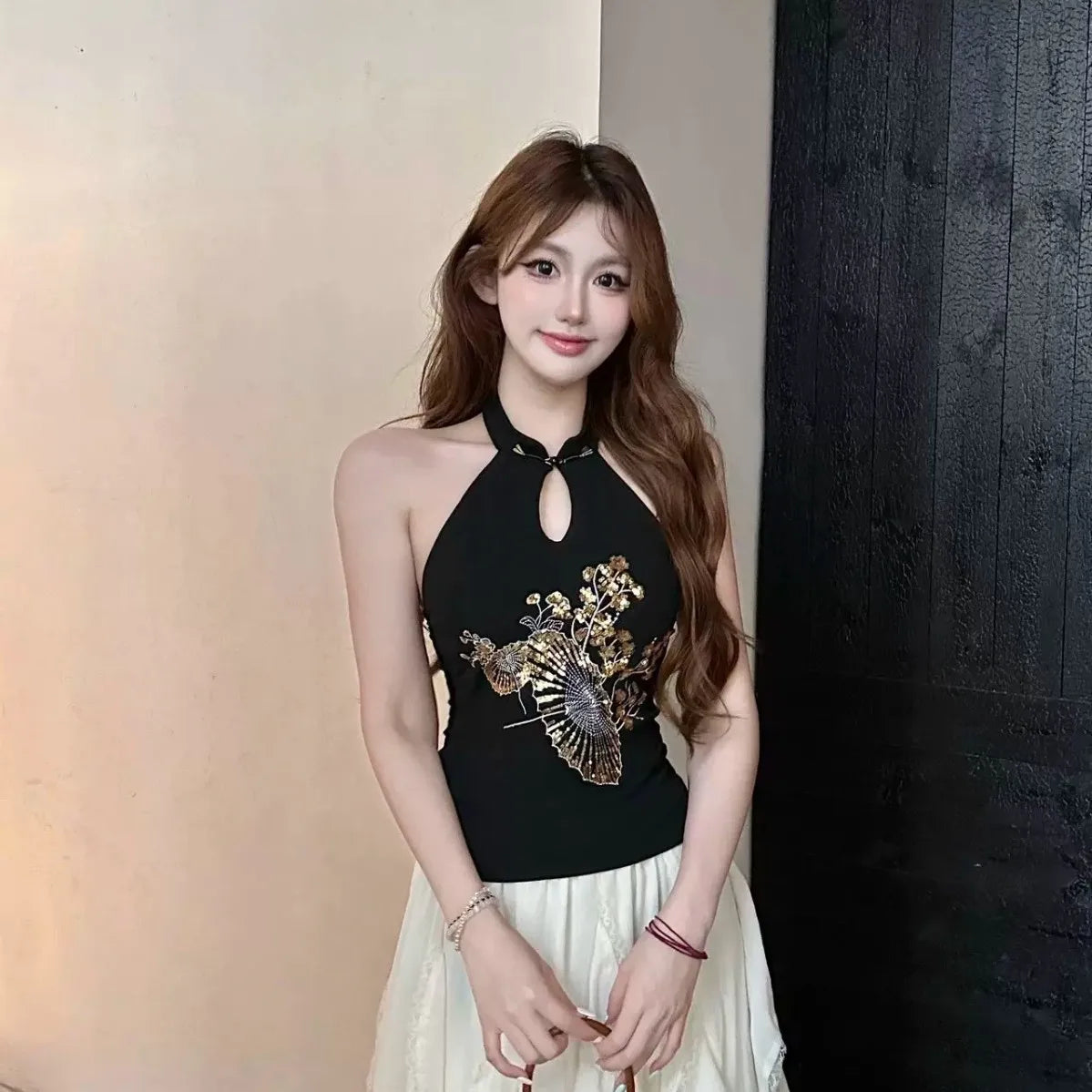 Vintage Sequin Embroidered Backless Camisole For Women