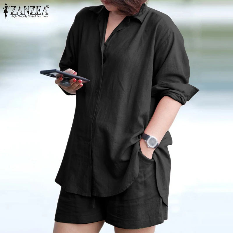 ZANZEA Woman Vintage Solid Matching Sets Spring Casual Street Suit Long Sleeve Lapel Shirt Loose Shorts Elegant Tracksuit