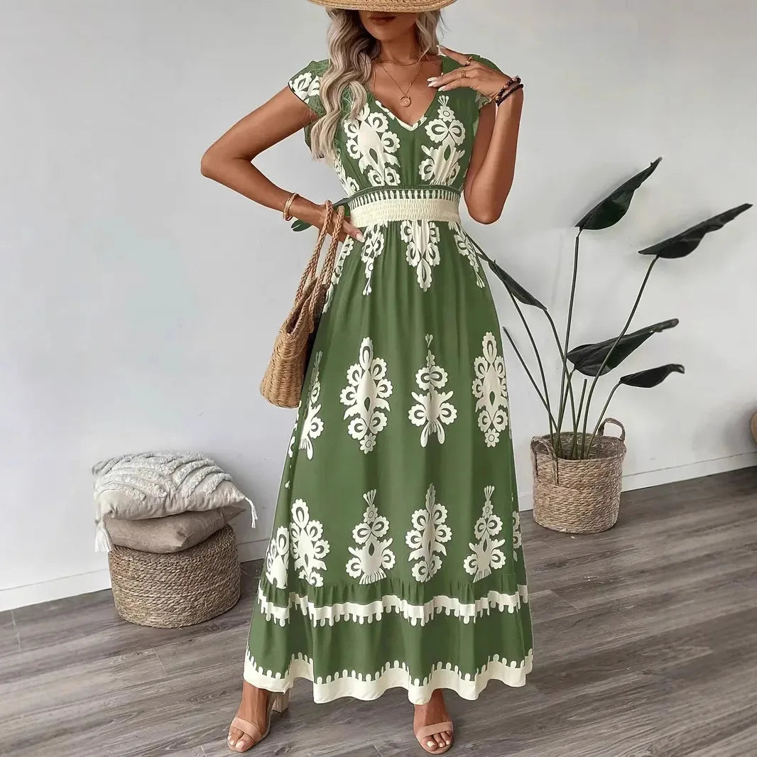 Beach Print Midi with V-Neck and High Waist Dress for Women