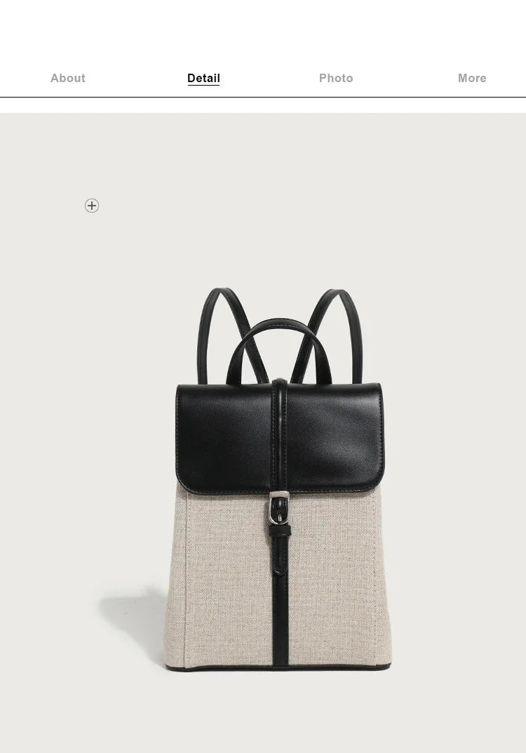 Summer new casual vacation style cowhide spelling linen shoulder bag French loose sense of backpack large capacity schoolbag