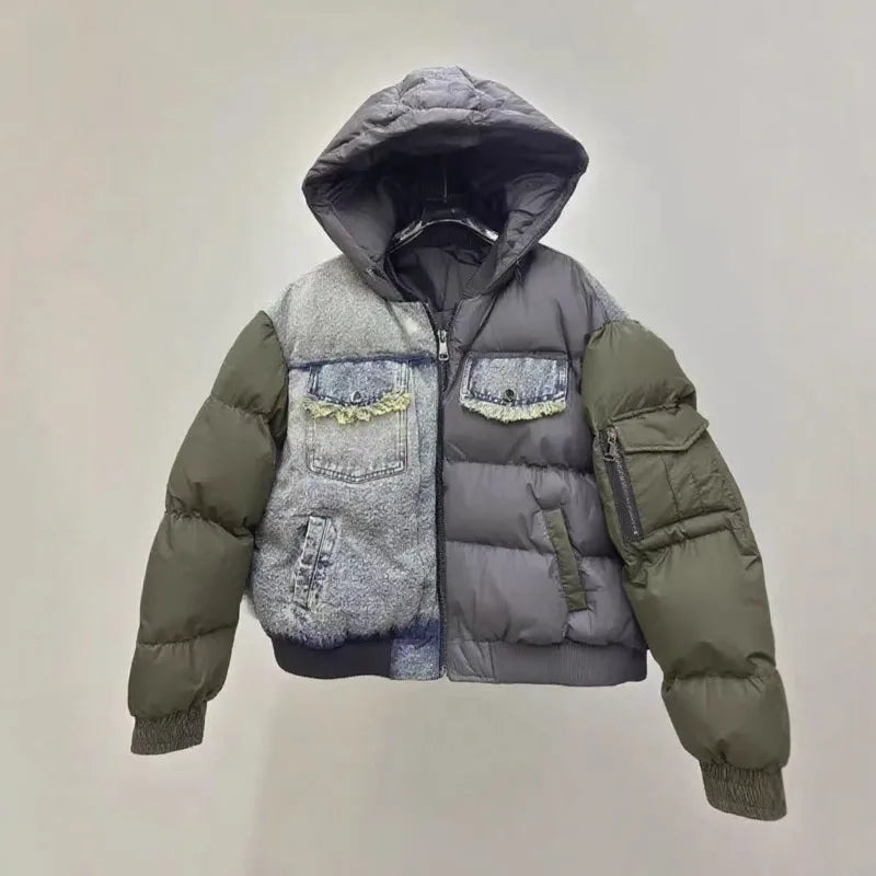 ANJY Autumn Winter New Women European Trendy Padded Coat Heavy-Duty Denim Patchwork Pocket Color-Block Hooded Down Jacket A12508