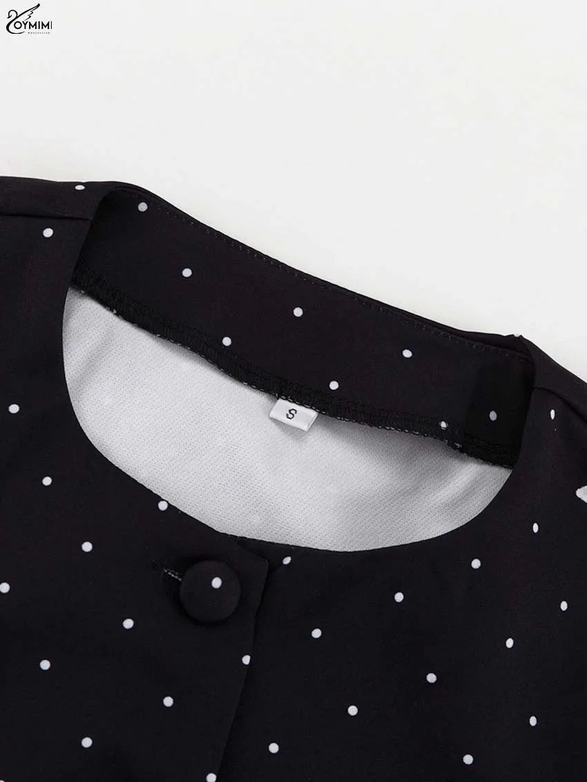 Oymimi Fashion Black Print Two Piece Outfits Woman Elegant Short Sleeve Button Blouses And High Waisted Slim Mid-Calf Skirt Sets