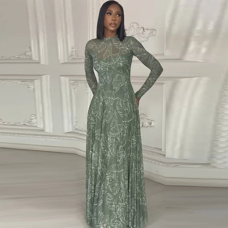 Beach Print Pleated Long Sleeve Maxi Dress for Women