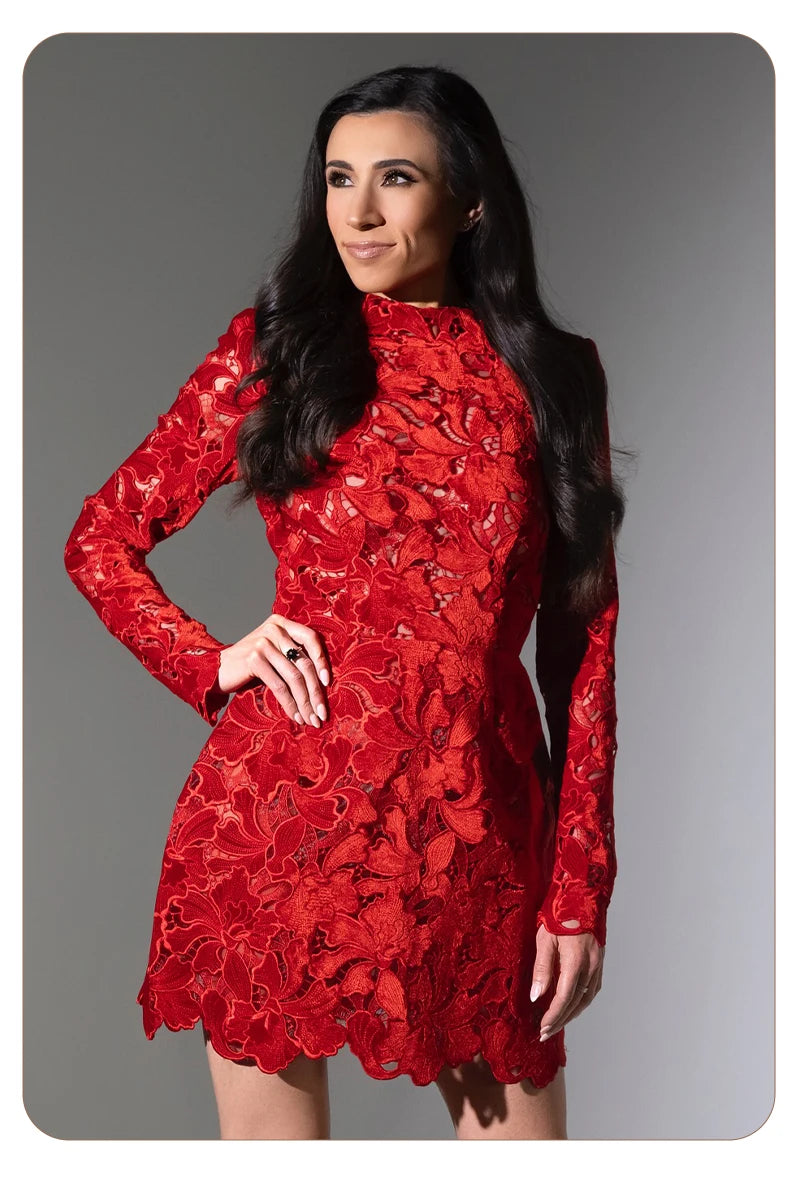 Retro Glamour Red Lace Waist-Cinched Mini Dress for Women