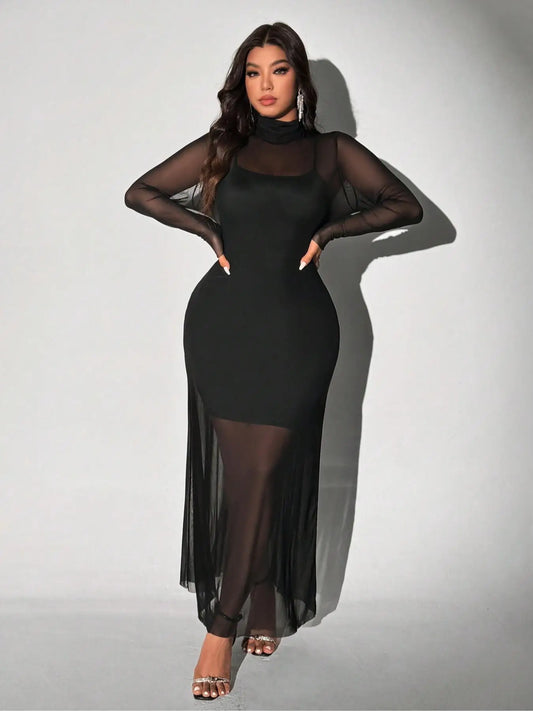 Women's Plus Size Knitted Mesh Dress Set, Sexy Tight-Fitting Top & Strapless Skirt Two-Piece, Casual Knee-Length for All Seasons
