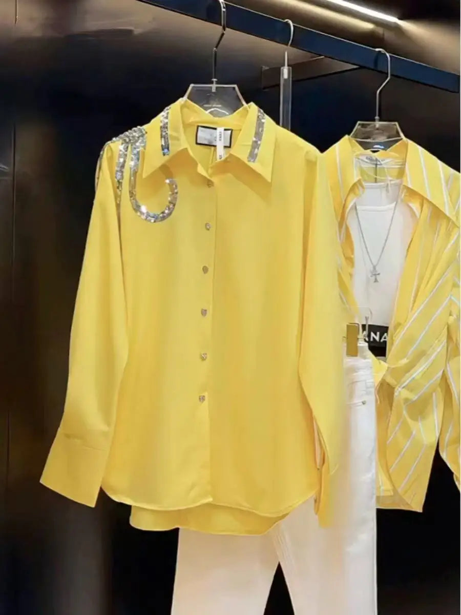 Loose Fit Sequined Embroidered Yellow Blouse For Women