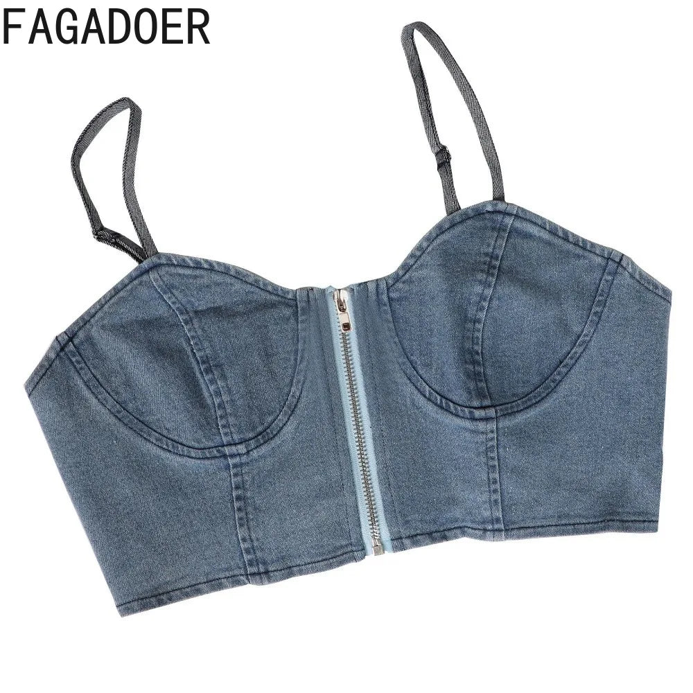 Spaghetti Strap Crop Top Denim Patchwork Two Piece Set for Women