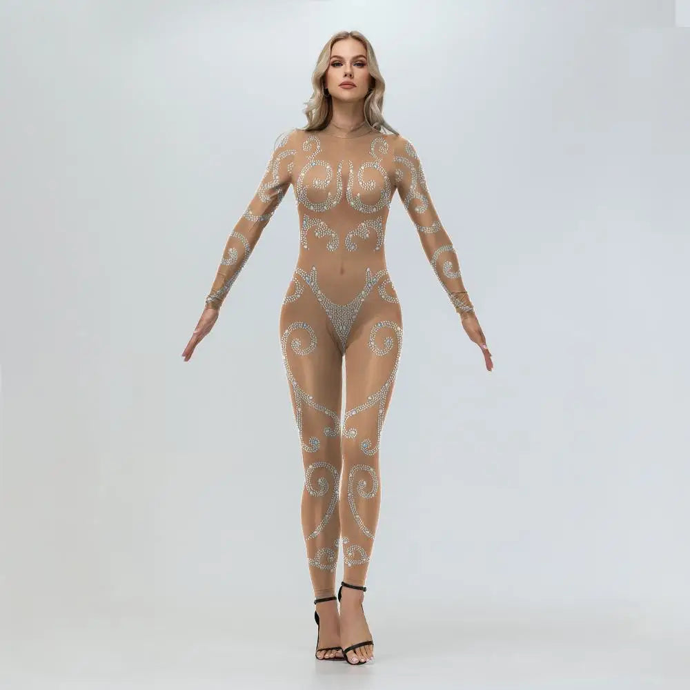 Elegant Skin Color Rhinestone Print Jumpsuit for Women