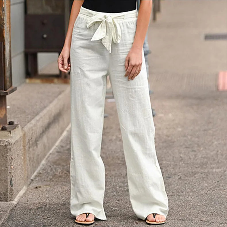 Linen Cotton Elastic Waist Ankle Length Pants for Women