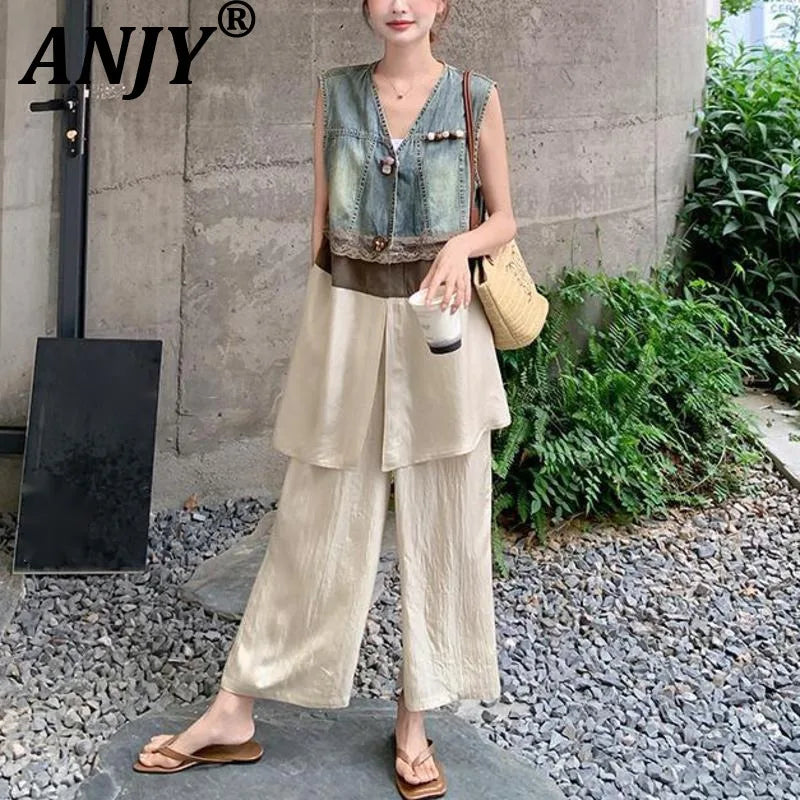 ANJY Summer New Women's High Street Fashion Unique Design Denim Patchwork Contrast Color Button Vest Casual Wide Leg Pants A7944