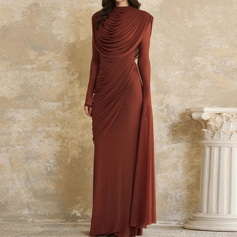 Long Sleeve Pleated High Waisted Maxi Dress for Women