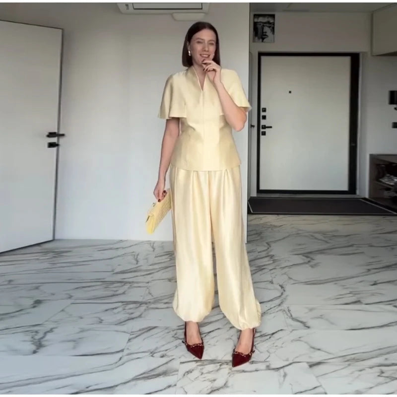 Casual V-Neck Top and Wide-Leg Pants Set for Women