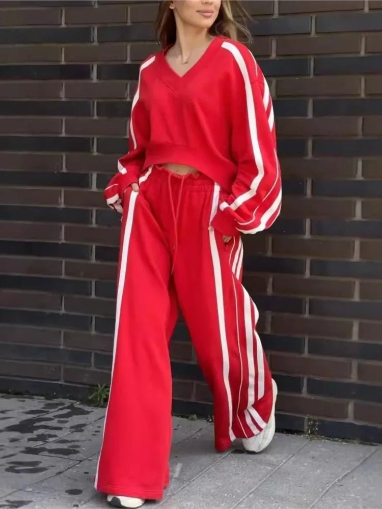 V Neck Cropped Top Color Block Set