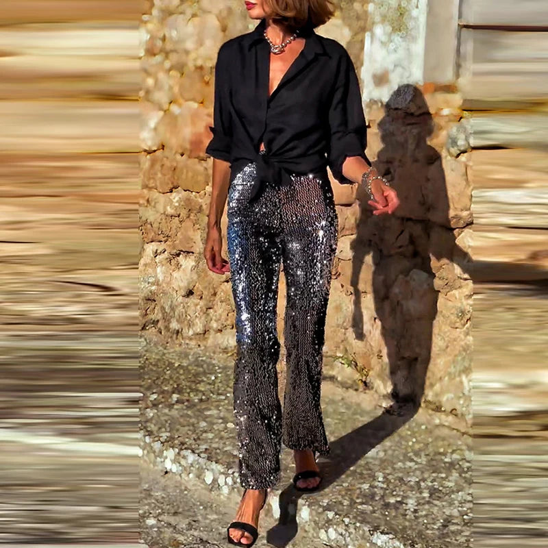 Shiny Sequins Club Party Elastic Waist Flared Pants for Women