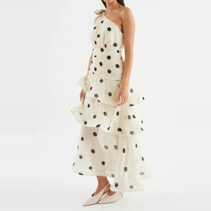 Elegant Polka Dot Ruffle Draped Maxi Dress for Women