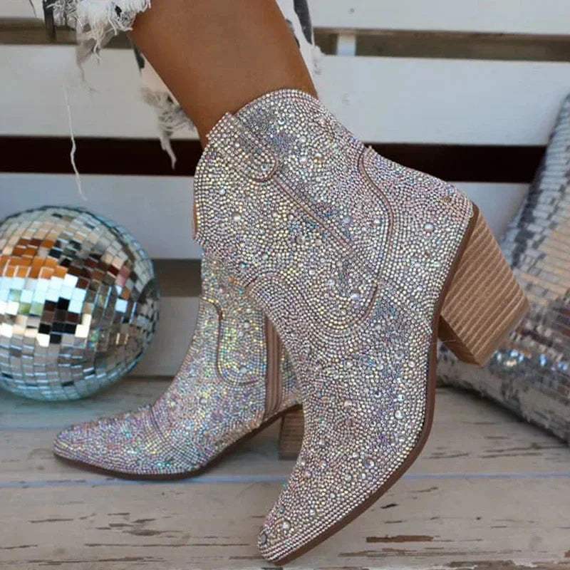 Glitter Western Ankle Boots With High Heels for Women