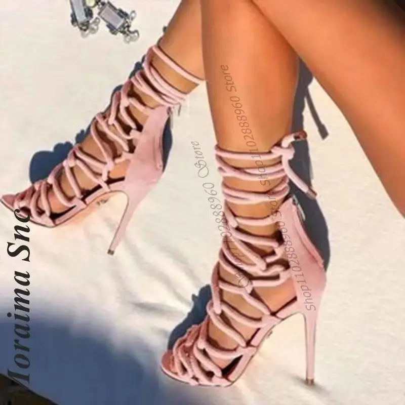 Pink Flock Stiletto Sandals With Open Toe And Back Zipper For Women