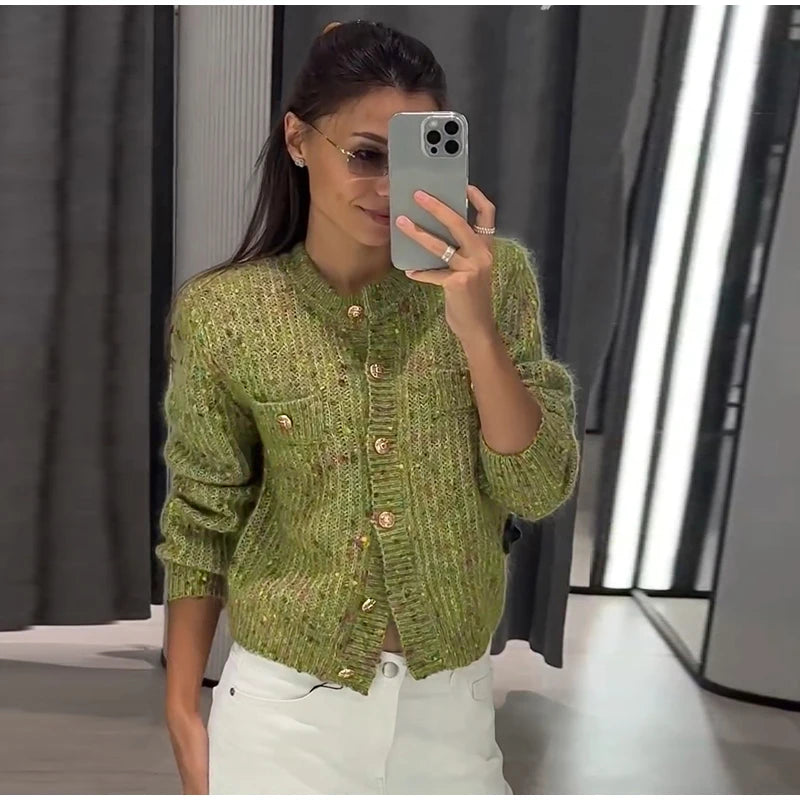 Blue Jacquard Stand Collar Zipper Cardigan for Women