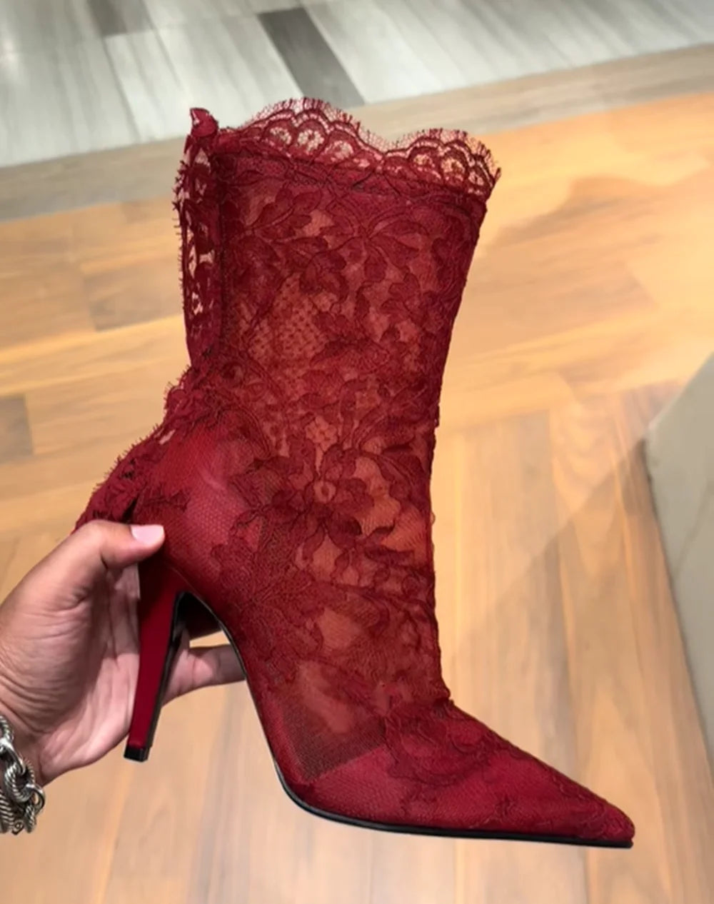 Burgundy Lace Stiletto Boots