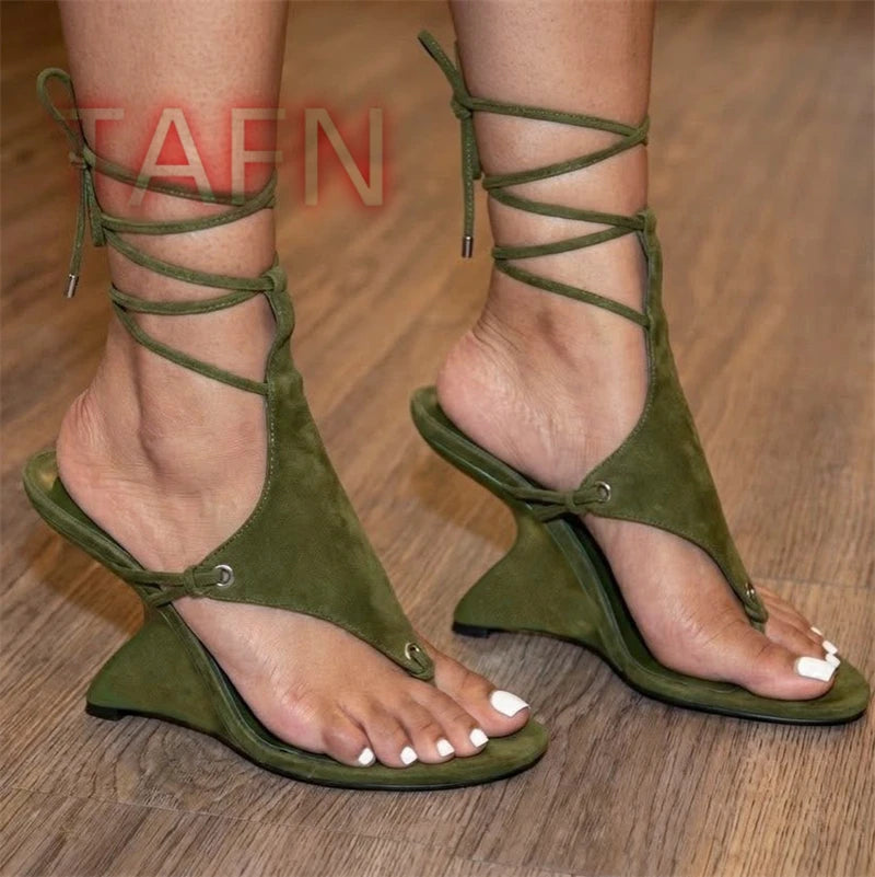 Tie Up Ankle Strap Round Toe Wedge Sandals for Women