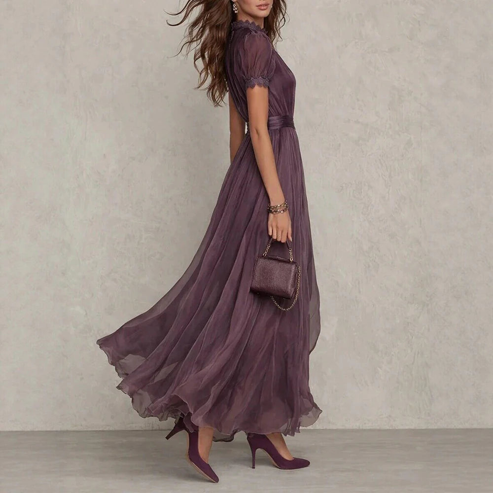 Elegant Lace Trim Chiffon Maxi Evening Dress for Women