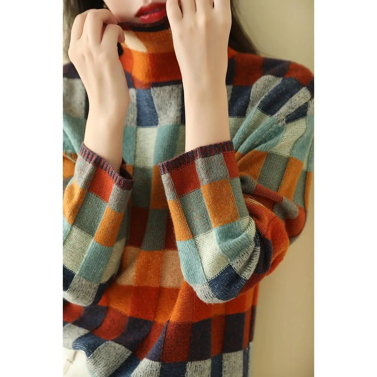 Cozy Thick Knit Turtleneck Sweater With Plaid Pattern For Women