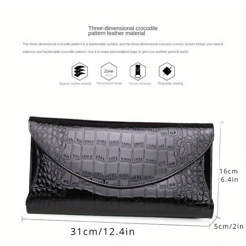 Large Capacity Crocodile Print Patent Leather Clutch Bag for Women