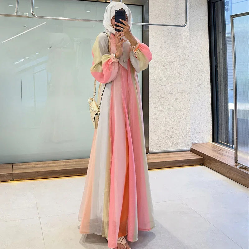 Elegant Chic Color Stripe Balloon Sleeve Dress for Women