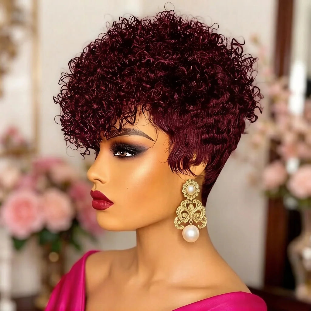 Natural Black Curly Pixie Wig Human Hair With Pre Plucked Bangs For Women