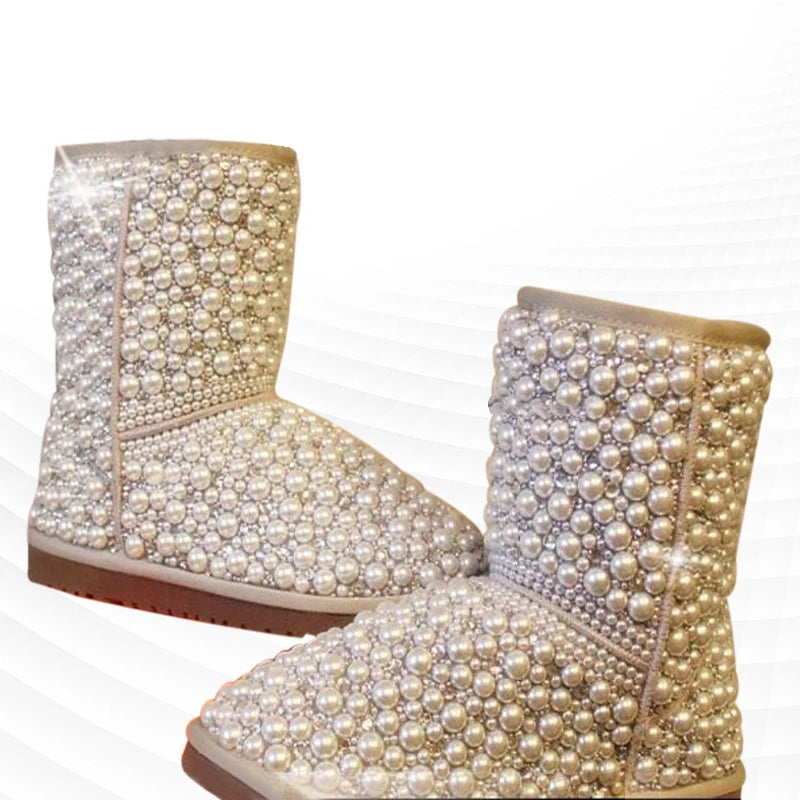 Pearl Embellished Warm Mid-Calf Snow Boots for Women