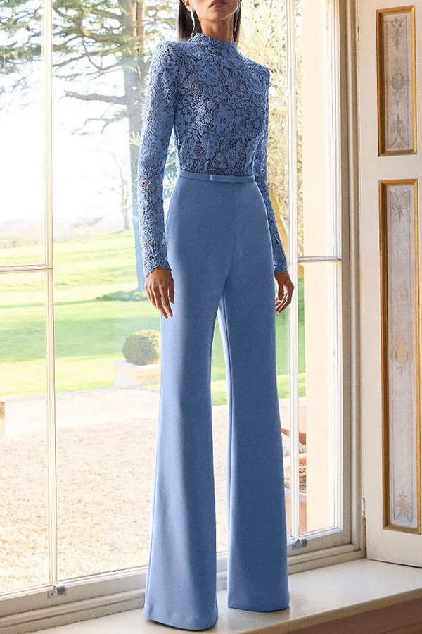 Embroidery Lace Blue Jumpsuits Women Sexy Slim Long-sleeved Belt High Waist Jumpsuit Female 2025 Casual Lady Party Jumpsuits