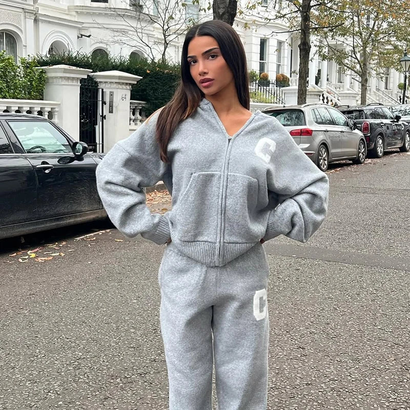 Letter Print Hooded Two Piece Set With Wide Leg Pants for Women