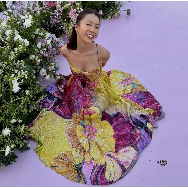 Elegant Floral Print Pleated Floor Length Dress For Women