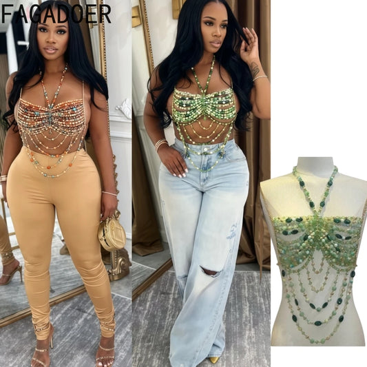FAGADOER Sexy Beading Patchwork Camisole Bodycon T-shirt Woman Spaghetti Strap Sleeveless Backless Crop Top Female Streetwear