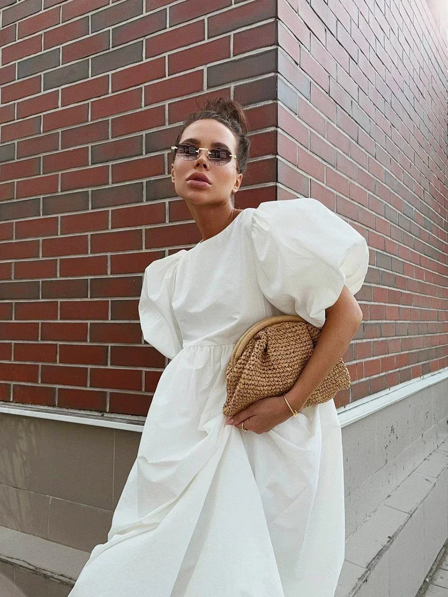 Oversized Cotton Bubble Sleeve Long Dress for Women