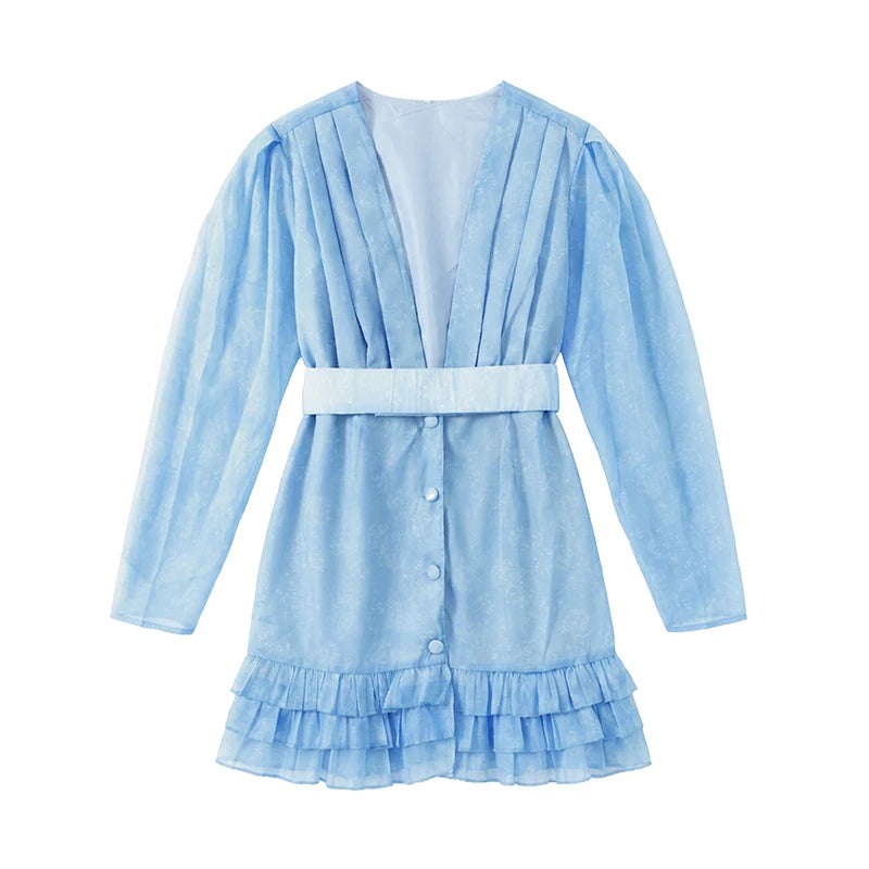 Floral Print Deep V Neck Ruffle Hem Mini Dress for Women